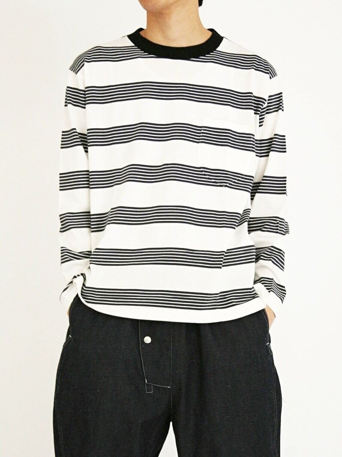 AN021 / BORDER CREW NECK L/S T-S / NV×BLK