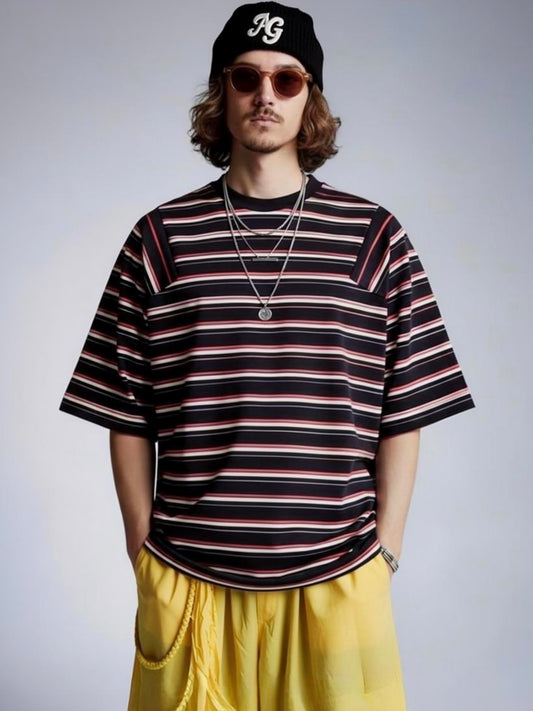 <4月末~5月上旬発売ご予約アイテム>マルチボーダーパネルデイリーTシャツ / ブラック