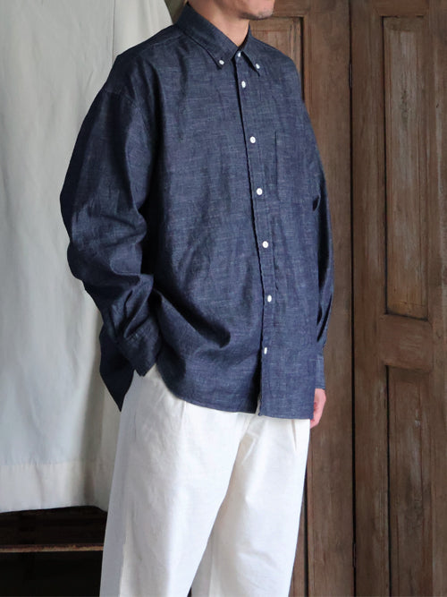 6オンス セルヴィッチ 白耳デニム 釦ダウン ボクシーAライン 長袖シャツ / DK Indigo