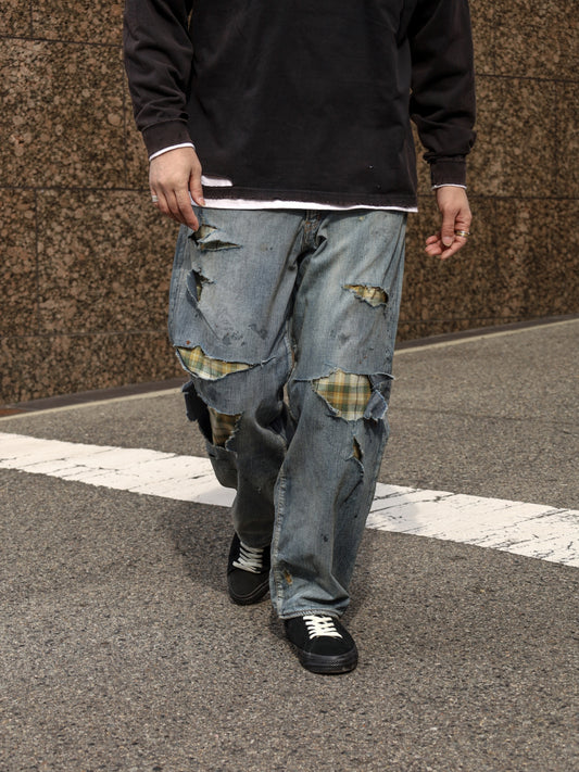 CHECK COMBI DENIM 5P PANTS / Indigo(REMAKE)