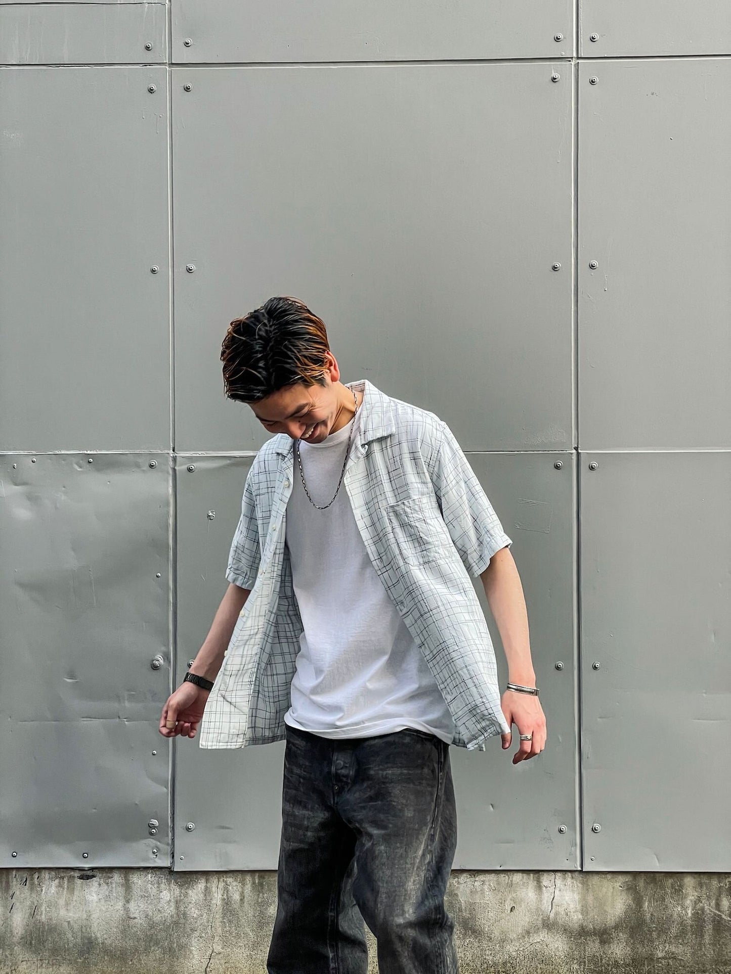 314RK / レーヨンかすりオープンカラー半袖シャツ / ホワイト