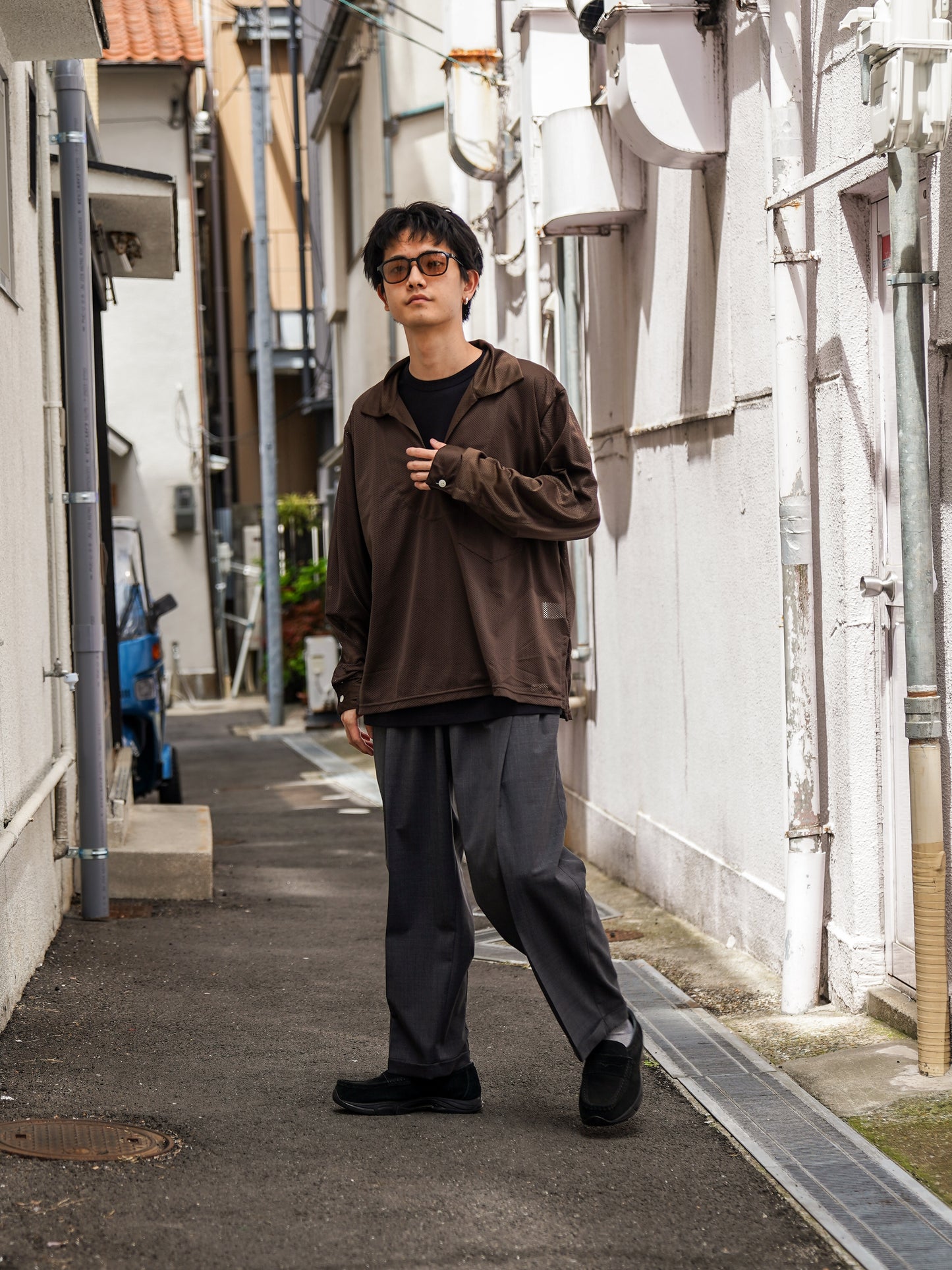 MESH SKIPPER SHIRTS / Brown