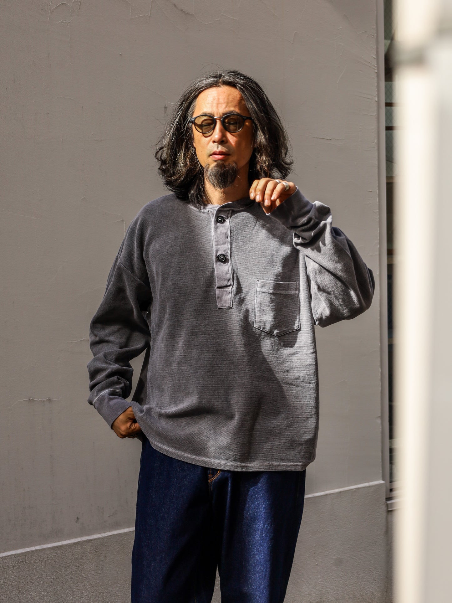 PIGMENT THERMAL HENLEY NECK L/S T-SHIRTS / Dusty Black