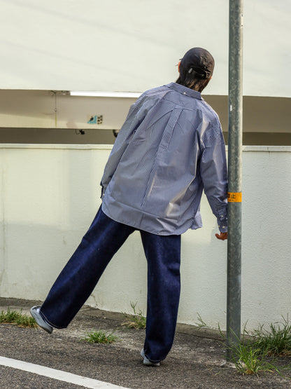 「多機能TECH」コットンライク ストライプ ボタンダウン ボクシーAライン 長袖シャツ / Navy