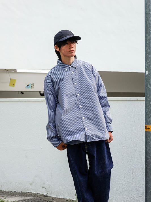 「多機能TECH」コットンライク ストライプ ボタンダウン ボクシーAライン 長袖シャツ / Navy