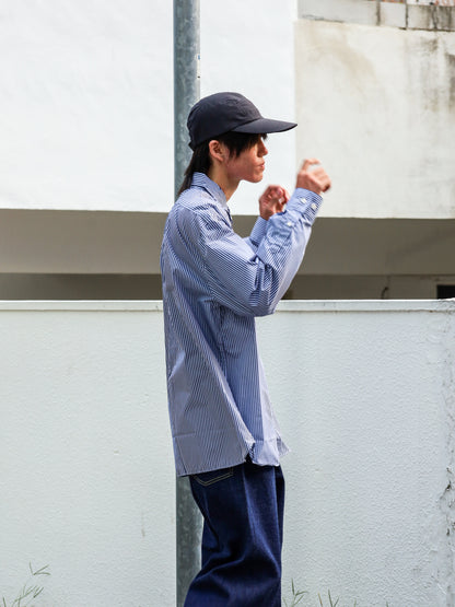 「多機能TECH」コットンライク ストライプ ボタンダウン ボクシーAライン 長袖シャツ / Navy