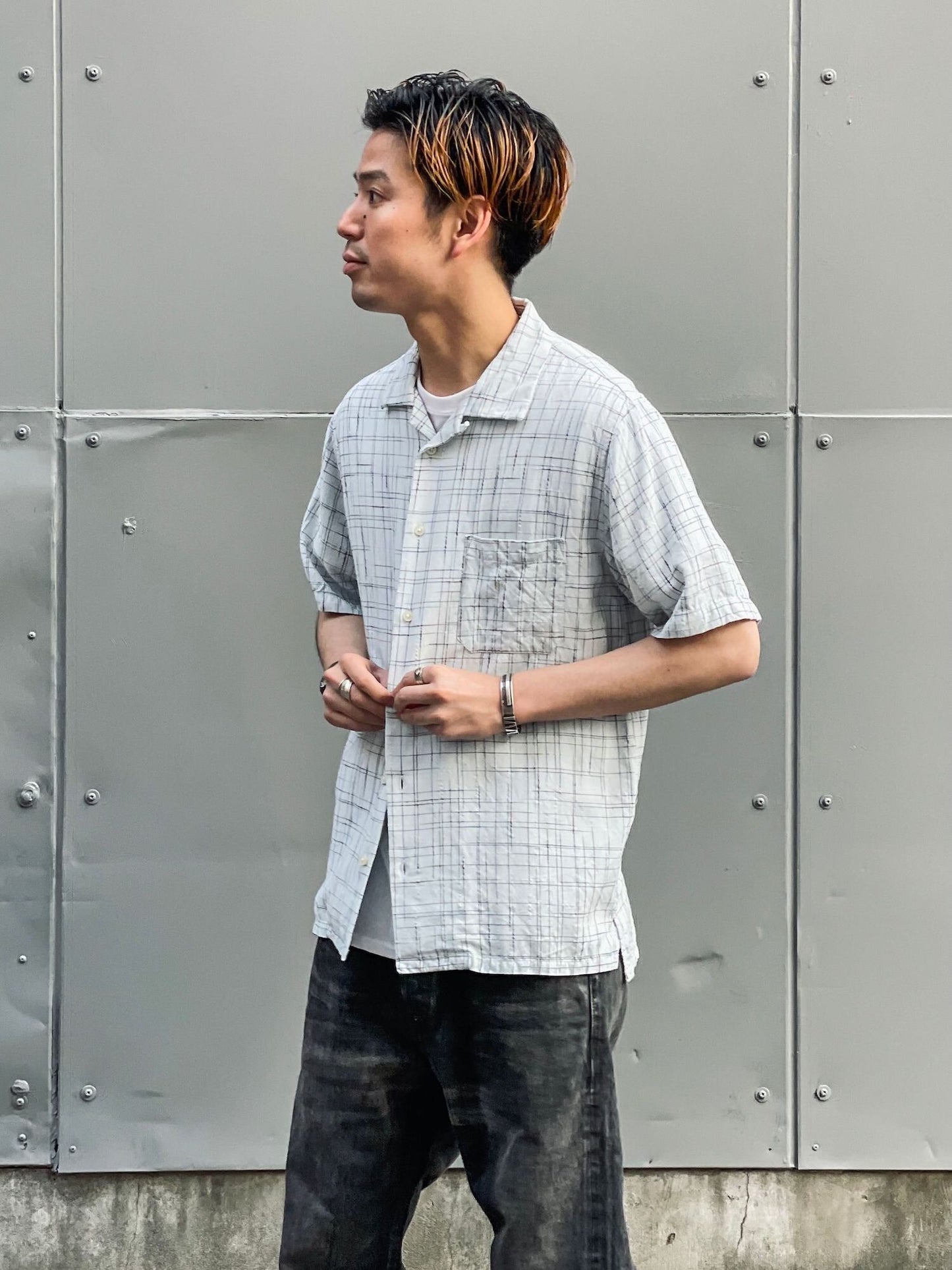 314RK / レーヨンかすりオープンカラー半袖シャツ / ホワイト