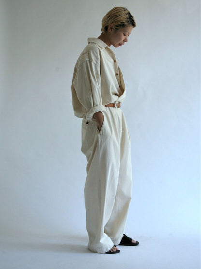 AN109 / DENIM TUCK OPEN COLLAR SHIRT / NATURAL