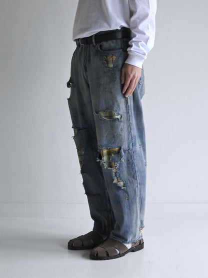 CHECK COMBI DENIM 5P PANTS / Indigo(REMAKE)