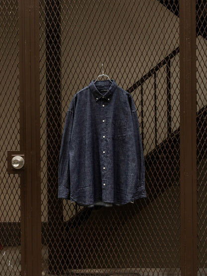 6オンス セルヴィッチ 白耳デニム 釦ダウン ボクシーAライン 長袖シャツ / DK Indigo