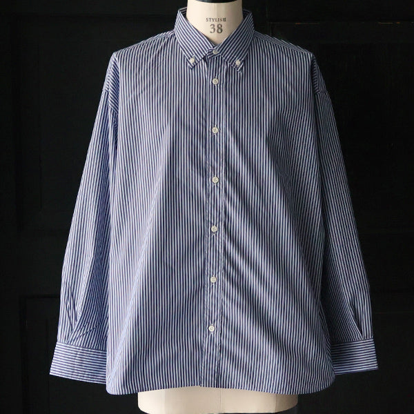 「多機能TECH」コットンライク ストライプ ボタンダウン ボクシーAライン 長袖シャツ / Navy