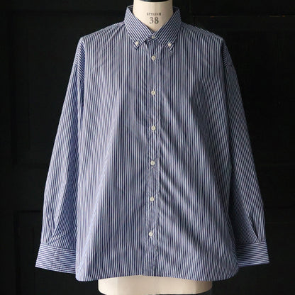 「多機能TECH」コットンライク ストライプ ボタンダウン ボクシーAライン 長袖シャツ / Navy