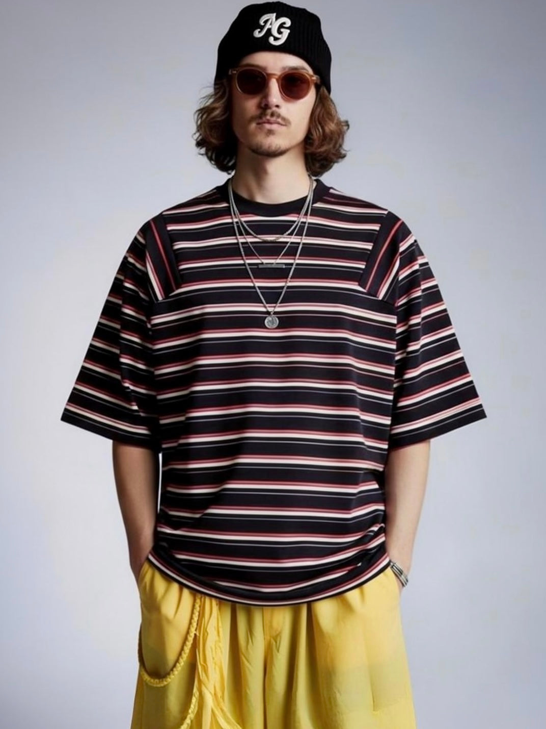 ＜4月末～5月上旬発売ご予約アイテム＞マルチボーダーパネルデイリーTシャツ / ブラック