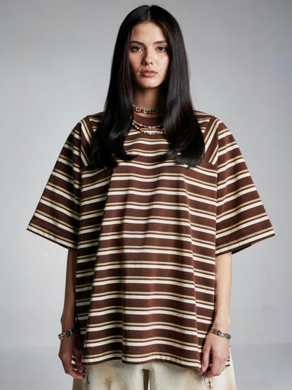 ＜4月末～5月上旬発売ご予約アイテム＞マルチボーダーパネルデイリーTシャツ / チョコ