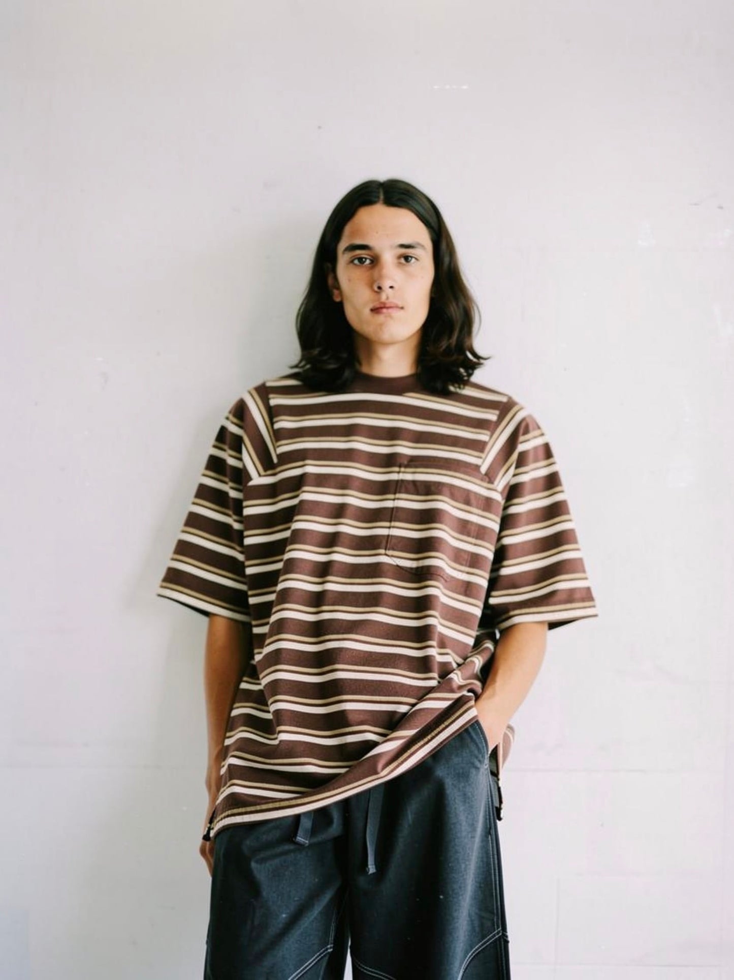 ＜4月末～5月上旬発売ご予約アイテム＞マルチボーダーパネルデイリーTシャツ / チョコ