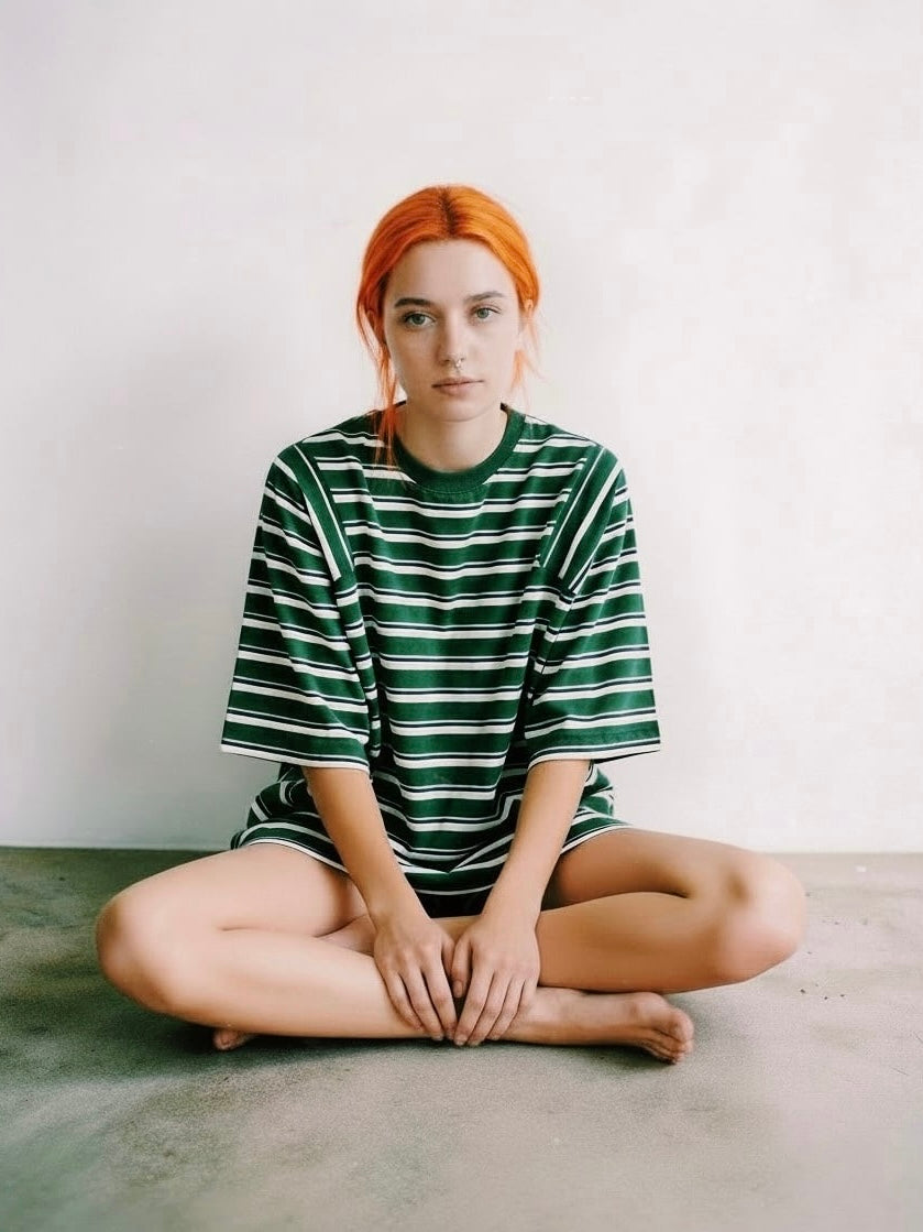 ＜4月末～5月上旬発売ご予約アイテム＞マルチボーダーパネルデイリーTシャツ / グリーン