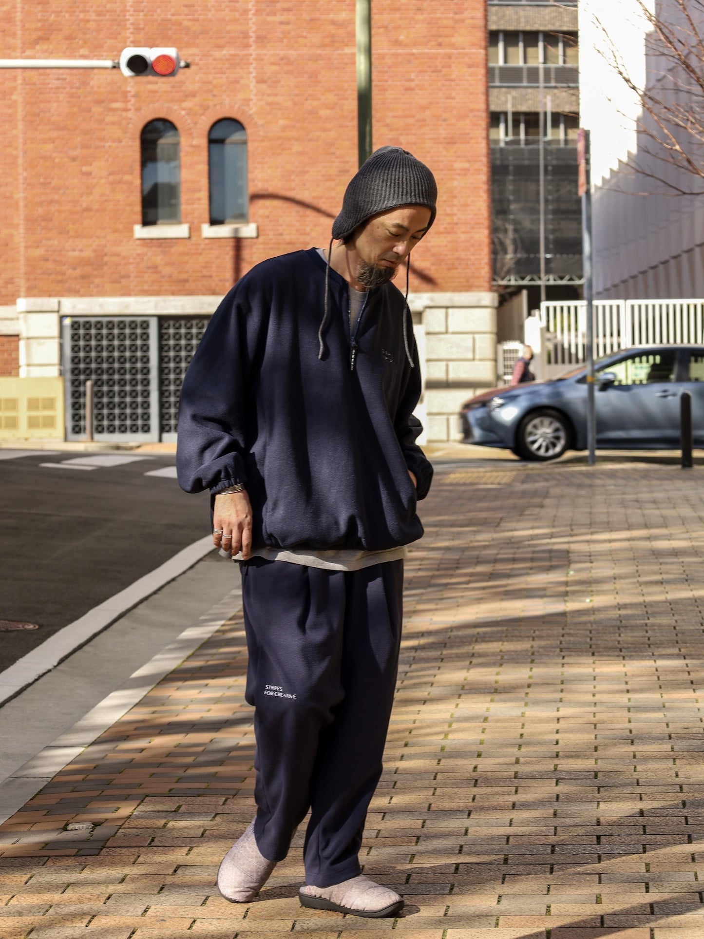 FLEECE BASEBALL HALF ZIP JACKET / Navy