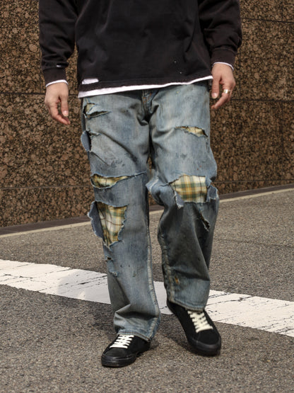 CHECK COMBI DENIM 5P PANTS / Indigo(REMAKE)