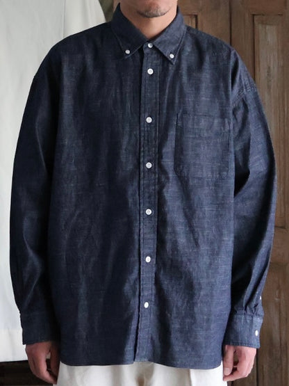 6オンス セルヴィッチ 白耳デニム 釦ダウン ボクシーAライン 長袖シャツ / DK Indigo