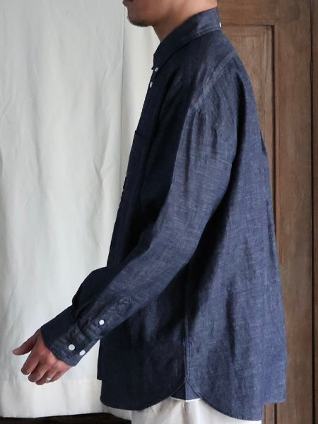 6オンス セルヴィッチ 白耳デニム 釦ダウン ボクシーAライン 長袖シャツ / DK Indigo