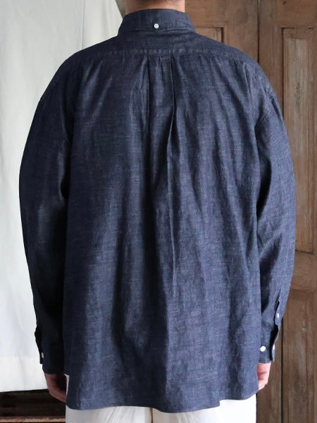 6オンス セルヴィッチ 白耳デニム 釦ダウン ボクシーAライン 長袖シャツ / DK Indigo
