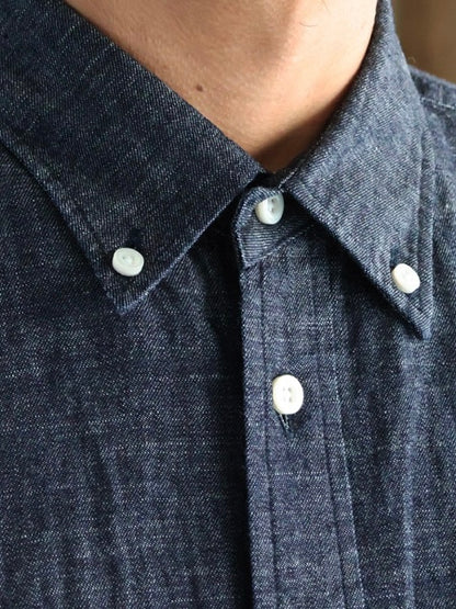 6オンス セルヴィッチ 白耳デニム 釦ダウン ボクシーAライン 長袖シャツ / DK Indigo