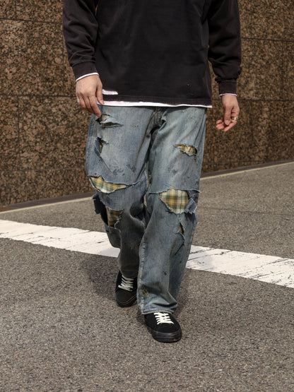 CHECK COMBI DENIM 5P PANTS / Indigo(REMAKE)