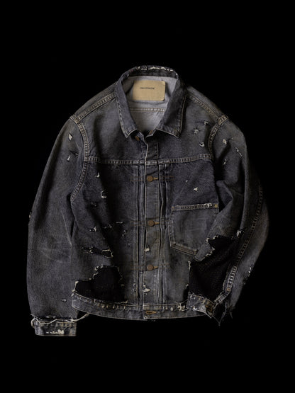 FRONT TUCK REMAKED BLACK DENIM JACKET / Black(remake)