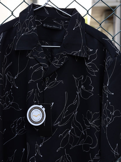 「丹後」 ライトアムンゼン(梨地) 捺染 モノトーンフラワー “マシンプリント” 開襟シャツ / Black