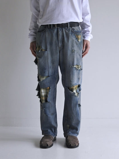 CHECK COMBI DENIM 5P PANTS / Indigo(REMAKE)